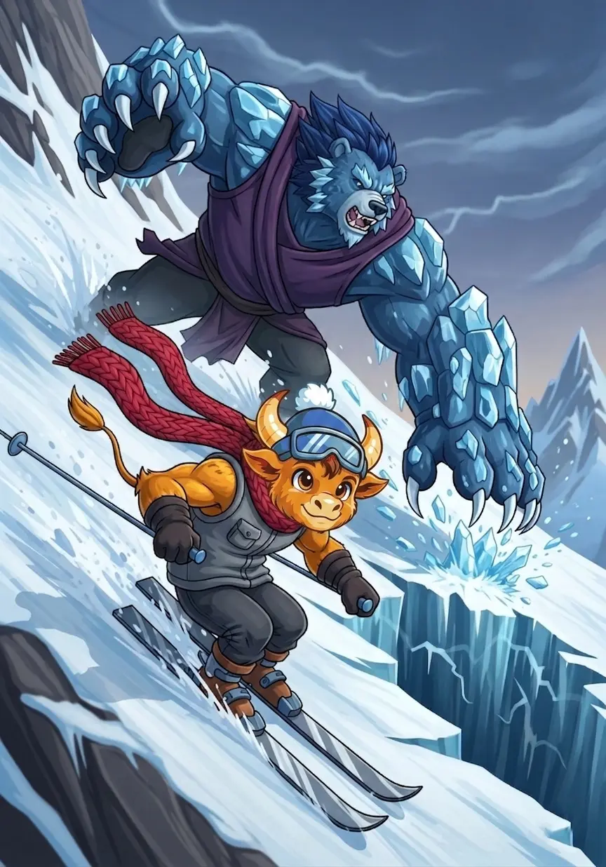 IceBull the bull mascot in ski gear, $ICEBULL meme coin presale hero